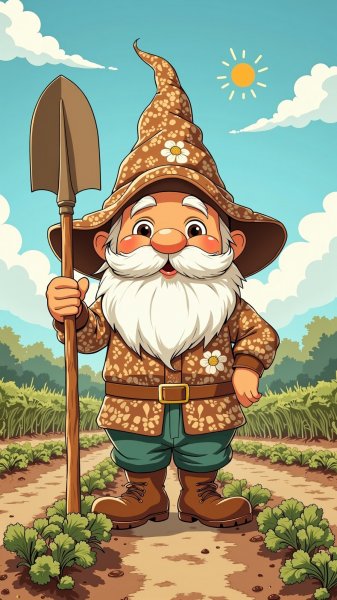 Весёлый гном-садовник и урожайная радуга огородных чудес. Изображение из нейронной сети Flux.1