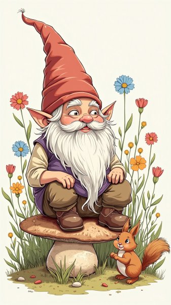 Забавный гном в саду: сказочная встреча с лесным гостем и цветами. Нейросеть Flux 1