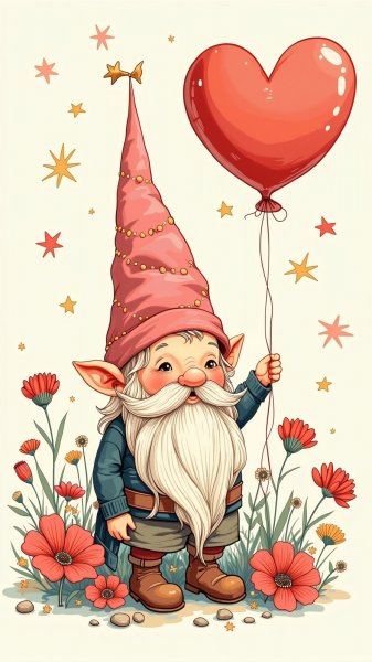 Сказочный гном с розовой шляпой и сердечком. Генерация из нейронной сети Flux Ai