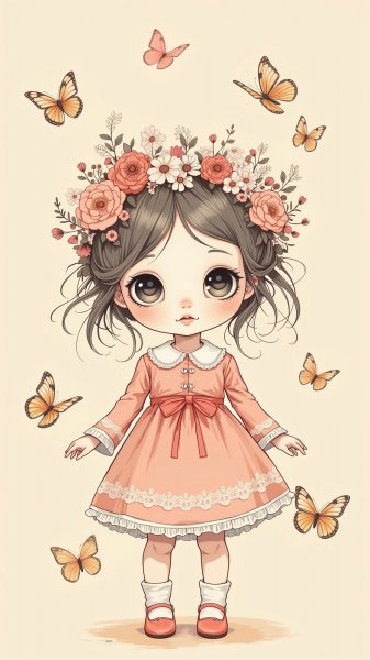 Милая кукла в розовом платье с цветочной короной на пастельном фоне и бабочками. Нейронная сеть Flux.1