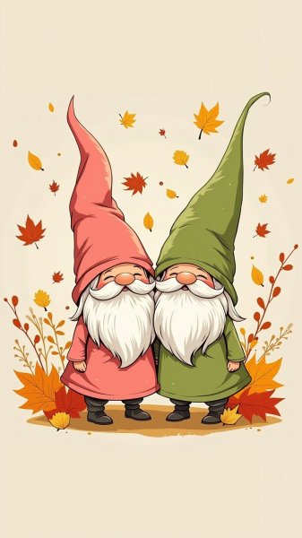 Осеннее настроение двух гномов в ярких нарядах и хорошем расположении духа. Нейронная сеть Flux Ai