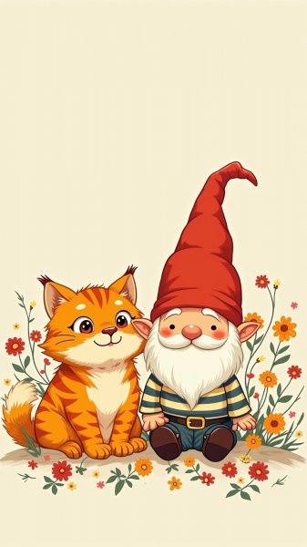 Весёлый гном и рыжий кот в цветущем саду. Изображение из нейронной сети Flux 1