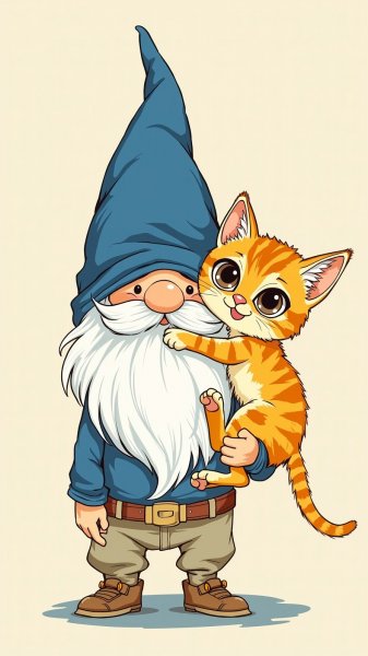 Милый гном и озорной котенок в нежных тонах. Генерация из нейронной сети Flux