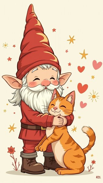Весёлый гном и рыжий котёнок в объятиях: волшебная иллюстрация. Генерация из нейронной сети Flux.1