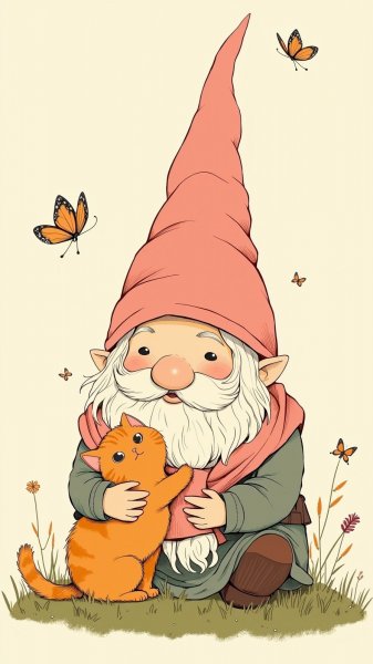 Гном и кот: наивное искусство в ярких красках лета. Картинка из нейронной сети Flux