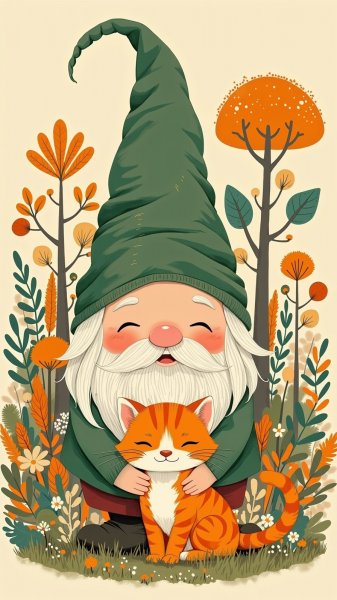 Милый гном с котенком в сказочном лесу. Изображение из нейронной сети Flux Ai