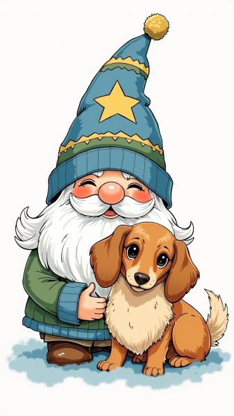 Милый гном с собачкой на облаке. Изображение из нейросети Flux