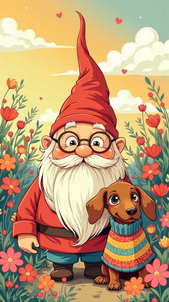 Забавный гном и веселый такс в солнечном саду. Картинка из нейронной сети Flux.1