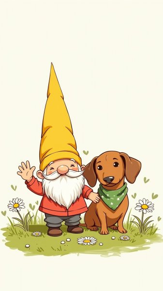 Весёлый гном и пёс: зарисовка о дружбе в поле ромашек. Генерация из нейросети Flux 1