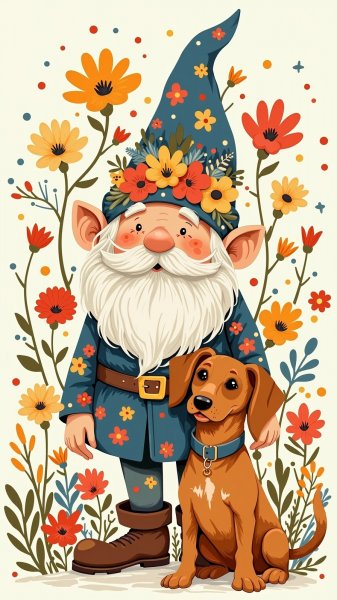 Забавный гном и очаровательный такс среди ярких цветов. Картинка из нейросети Flux