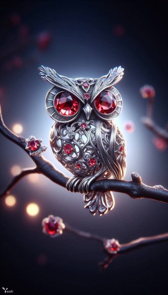Серебряный филин: изящное украшение с рубиновыми глазами и высоким качеством исполнения. Изображение из нейросети Dalle-3