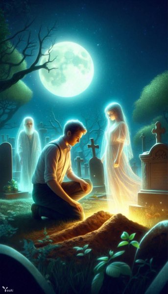 Призраки над свежей могилой в лунном свете. Генерация из нейронной сети Dalle 3