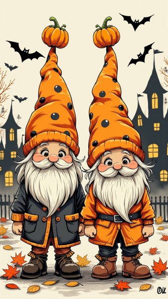 Осенний переполох гномов в костюмах на Хэллоуин с тыквами и привидениями. Изображение из нейросети Flux 1