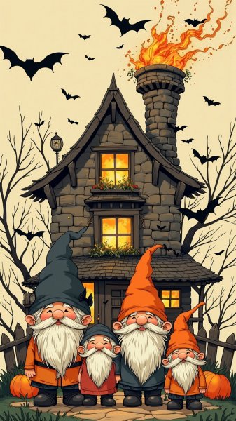 Очаровательная семья гномов в хэллоуинских нарядах перед сказочным домом. Картинка из нейросети Flux 1