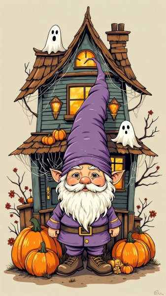Веселый гном и дом с привидениями в осеннем стиле. Генерация из нейросети Flux