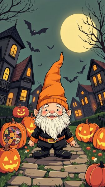 Забавный гном на Хэллоуин среди тыквенных угощений и жутких домов. Генерация из нейронной сети Flux 1