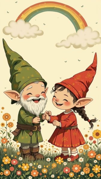 Радость гномов в поле цветов под радугой: наивное искусство. Изображение из нейронной сети Flux 1