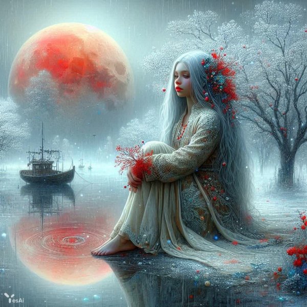 Макро портрет: отражения луны и осенняя сказка в зеркальной воде. Изображение из нейронной сети Dalle 3