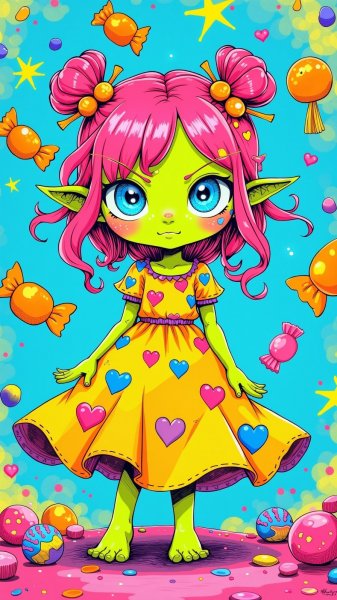 Милая монстриха в ярком платье с конфетами и звездами. Нейронная сеть Flux.1