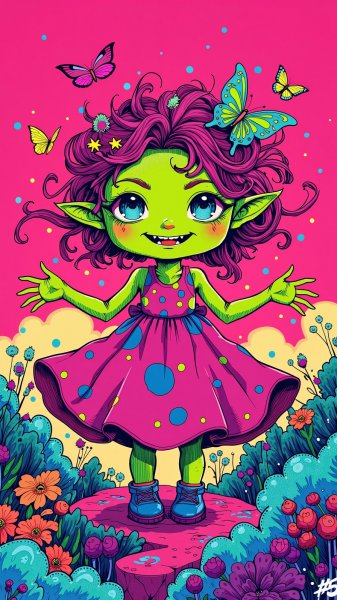 Яркая монстриха в танце красок и бабочек. Нейронная сеть Flux Ai