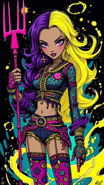 Яркая монстродевочка с неоновым взглядом и дерзким образом. Нейросеть Flux