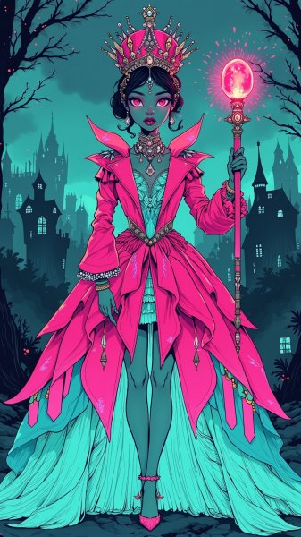 Принцесса готики в неоновых тонах: завораживающая иллюстрация в тумане замков. Картинка из нейросети Flux.1