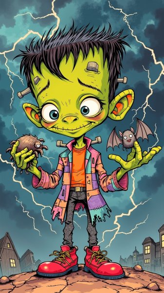 Забавный Франкенштейн: милый персонаж в стиле Тима Бёртона и Алекса Парди. Генерация из нейронной сети Flux 1