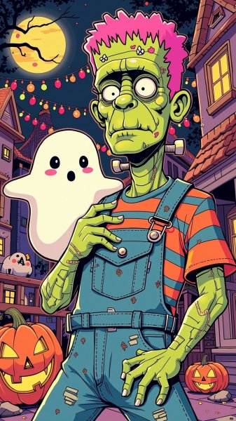 Забавный Франкенштейн и милый призрак на Хэллоуин. Нейросеть Flux.1