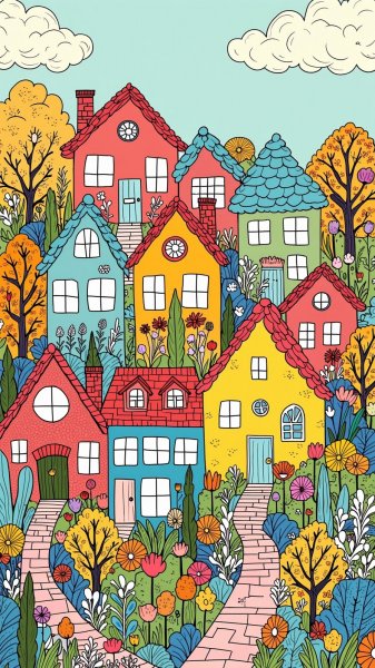 Яркие домики в стиле Zentangle: уютный мир разноцветных особняков. Нейросеть Flux