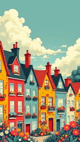 Яркие домики в народном стиле и оживлённая атмосфера. Генерация из нейросети Flux