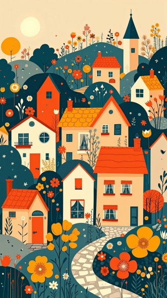 Очарование домов: наивное искусство в ярких красках и цветущем саду. Картинка из нейросети Flux 1