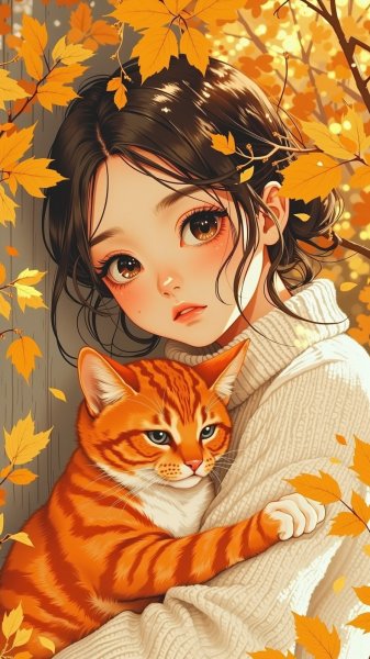 Осенняя нежность: девушка с кошкой в золотом листопаде. Нейросеть Flux.1