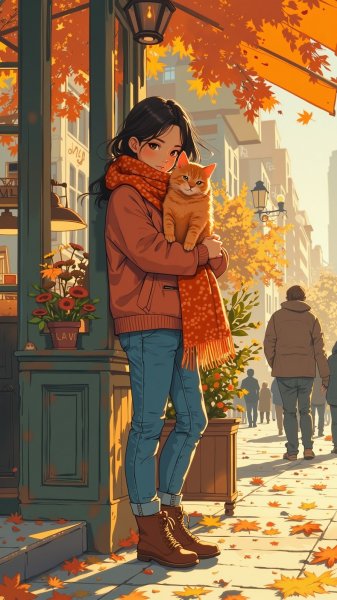 Осеннее настроение в городском кафе с рыжим котом. Генерация из нейронной сети Flux.1