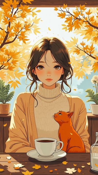 Осеннее настроение: уютное кафе и золотые листья. Нейронная сеть Flux Ai