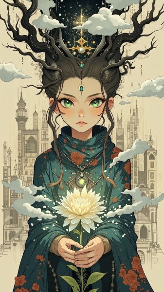 Чаклунья с зелеными глазами: коллаж в стиле старой фотографии. Картинка из нейронной сети Flux