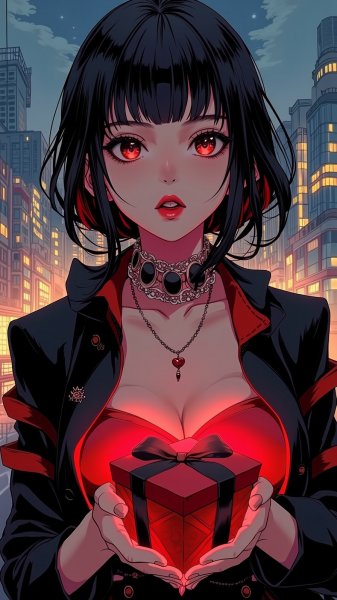 Загадочная девушка с алыми губами в стиле большого города. Изображение из нейросети Flux.1