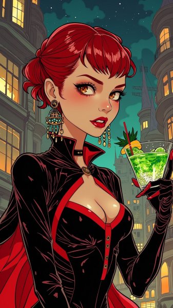 Загадочный вампир в ночном городе с коктейлем и тенями. Генерация из нейросети Flux 1