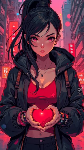 Спортивная девушка с ярким сердцем и городским готическим фоном. Изображение из нейронной сети Flux 1