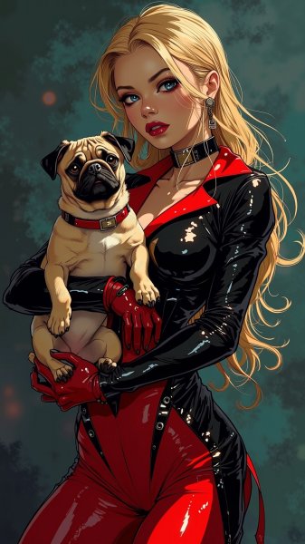 Роковая блондинка с пуделем в неоновом костюме: фотосессия в стиле нуар. Нейросеть Flux.1