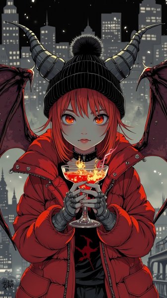 Вампирша в городе: огненная ночь и демонический стиль. Генерация из нейронной сети Flux.1