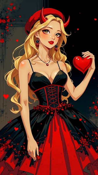 Яркая соблазнительная нимфа с алой страстью в сердце. Картинка из нейросети Flux 1