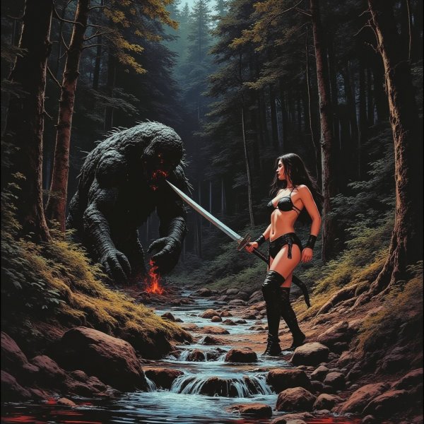 Тёмный готический экшн: эпоха VHS и отголоски Акиры в лесной чаще. Картинка из нейросети Flux 1