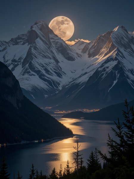 Лунный свет и горные вершины: завораживающая красота зимнего пейзажа. Изображение из нейросети Flux.1