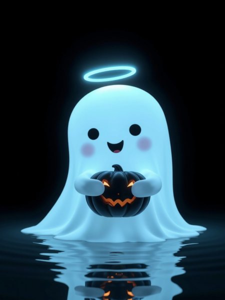 Призрачный Хэллоуин: Нежность синего свечения и улыбка тыквы в воде. Картинка из нейросети Flux.1
