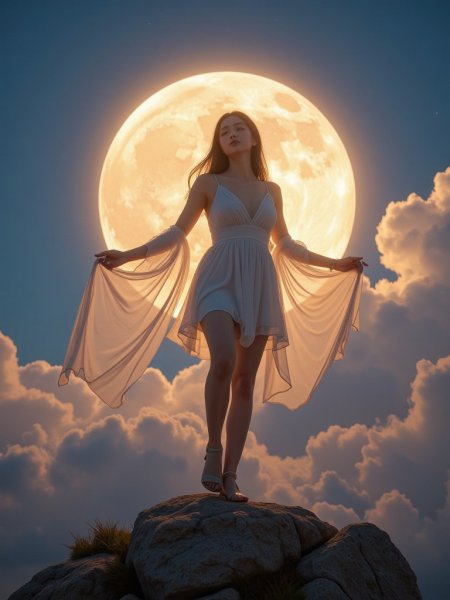 Девушка и луна: волшебная встреча на скалистом утесе в закатных лучах. Генерация из нейронной сети Flux
