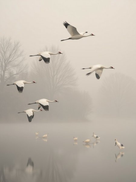 Пять изящных журавлей в туманном пейзаже. Картинка из нейросети Flux