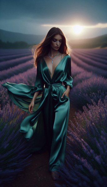 Закат в лавандовом поле: романтика и стиль высокой моды. Изображение из нейросети Dalle