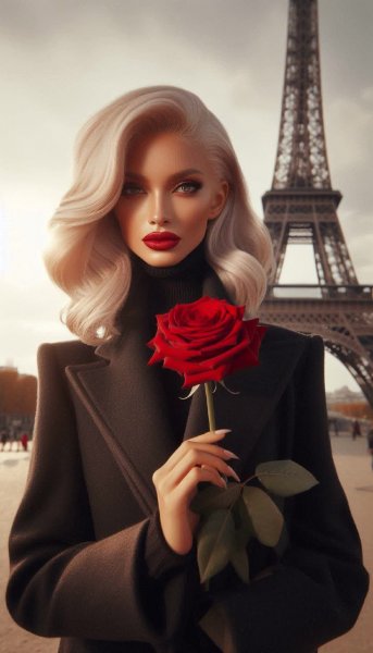 Элегантная блондинка с розой на фоне Эйфелевой башни. Изображение из нейронной сети Dalle