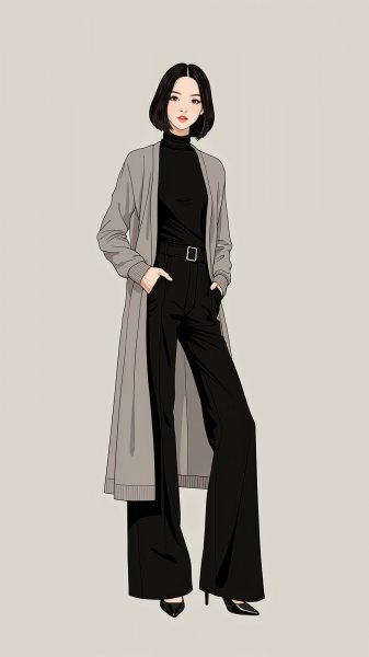 Элегантный образ в сером кардигане и брюках с высокой талией. Картинка из нейросети Flux Ai