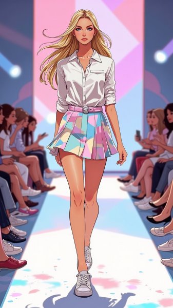 Модный показ: элегантность в белом и пастельных тонах на подиуме. Генерация из нейронной сети Flux